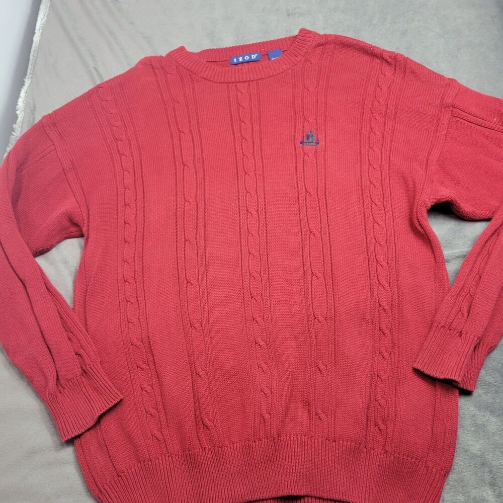 Izod Mens Red Cable Knit Sweater 100% Cotton Size Large‎